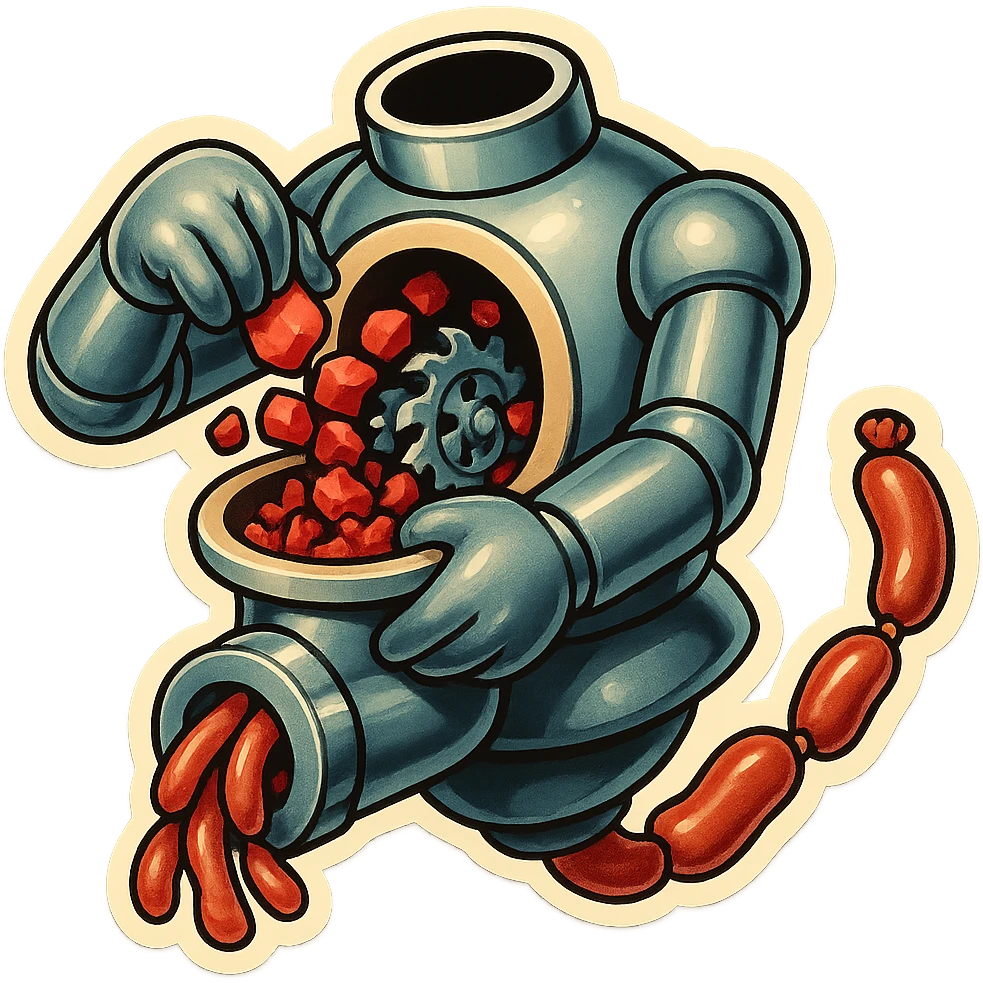 hovering robot. stuffs material into large hole on its top with 2 arms. no neck or head. large hole is where neck and head would be. spinning gears and blades in hole grind red chunks. sausage links come our of hole on backside.  3/4 view. between realism and cartoon. well lit. no dramatic lighting. metallic shiny robot. works diligently. dark humor emoji
