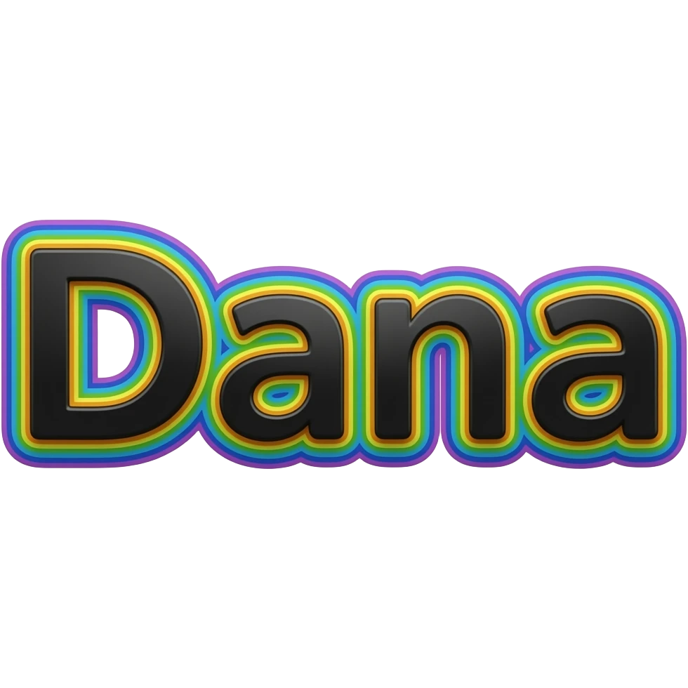name "Dana" in black typography lettering, each color of the rainbow as a border outlined around each letter, isolated, 3d rendering, no emoji icons no emoji faces and must have no human figures emoji