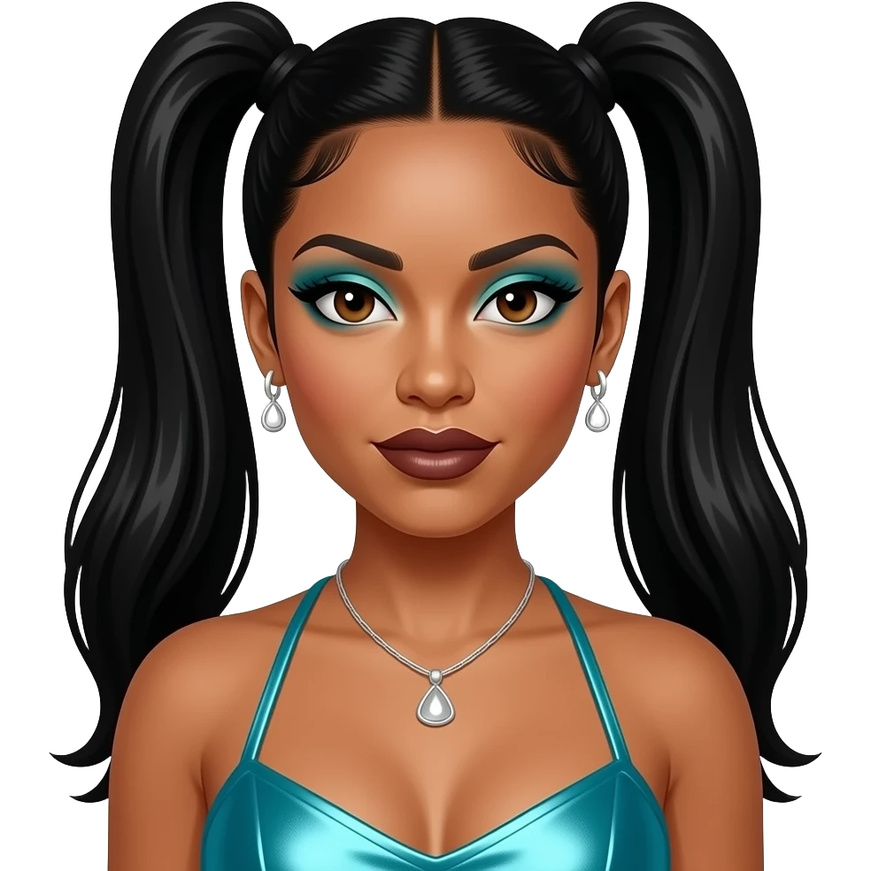 Lisa Left Eye Lopes of TLC with dark brown eyes, black two high ponytail hair, cyan eyeshadow, dark brown lipstick, cyan metallic halter dress, silver necklace and earrings emoji