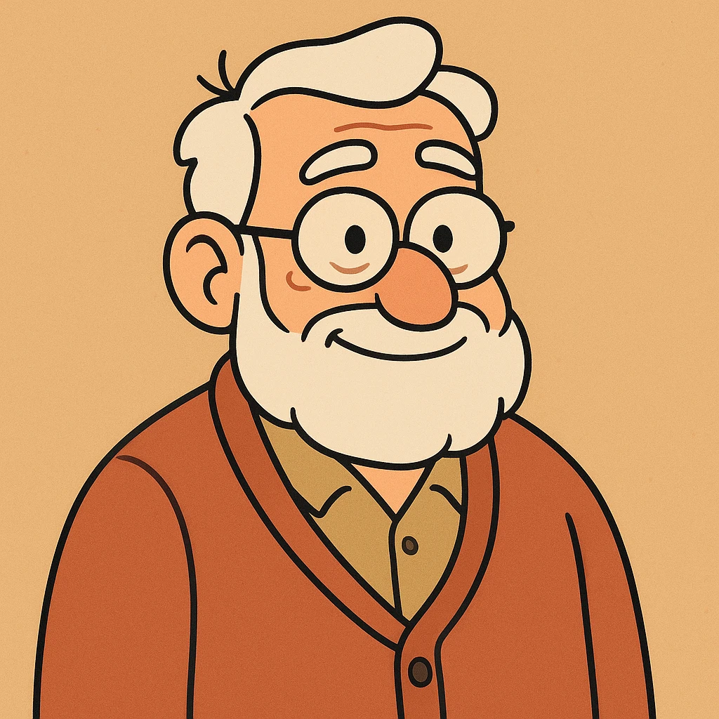 cartoon style old man, friendly expression, colorful emoji