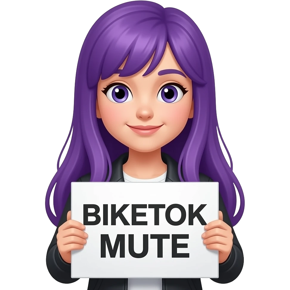 girl with long purple hair with a BIKETOK MUTE sign emoji