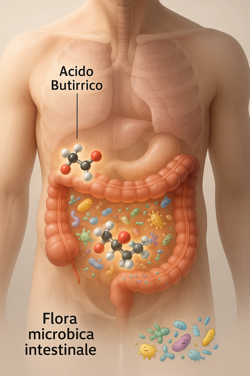 Realistic, vertical 3D medical illustration showing a semi-transparent human torso with a detailed view of the digestive tract, focusing on the large intestine. Inside the colon, glowing 3D molecules of butyric acid (acido butirrico) are visible, depicted as ball-and-stick models (carbon: black/gray, hydrogen: white, oxygen: red). Around the molecules, clusters of diverse, friendly-looking gut bacteria are shown, interacting positively with the butyric acid. The intestinal wall appears healthy and vibrant, with subtle highlights indicating improved gut health. The background is clean and softly lit, with clear educational labels such as “Acido Butirrico” and “Flora microbica intestinale.” The overall mood is scientific, modern, and supportive of gut wellness. emoji