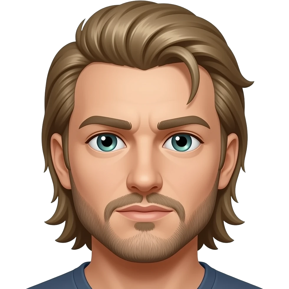 Mullet with side flares, hazel blue green eyes, some grays with mostly hazel hair, 5 o’clock shade beard emoji