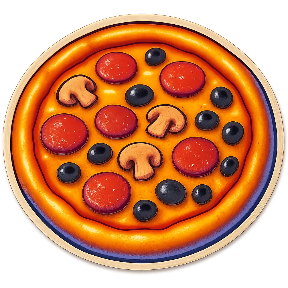 A whole pizza in retro stickers style, with various toppings and a vintage design emoji