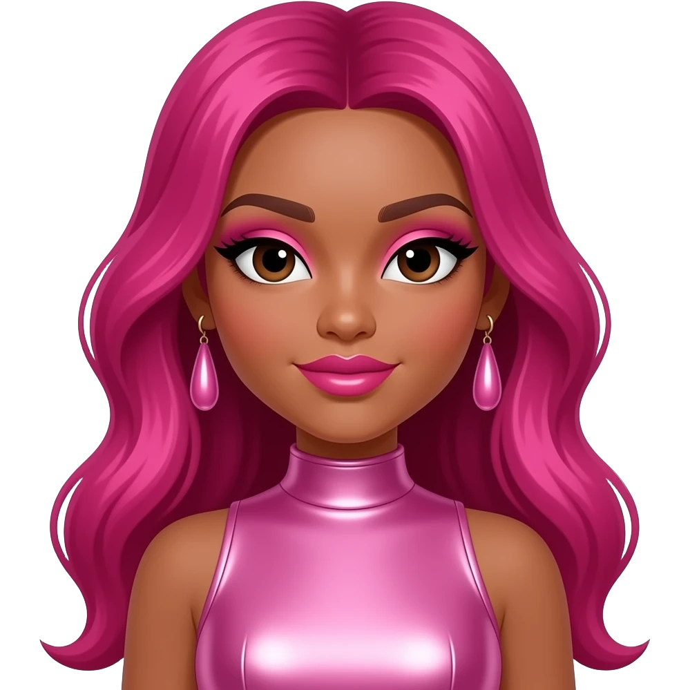 Bahja "Beauty" Rodriguez from OMG Girlz with dark skin, dark brown eyes, long hot pink hair, pink eyeshadow, hot pink lipstick, pink metallic high neck dress, earrings emoji