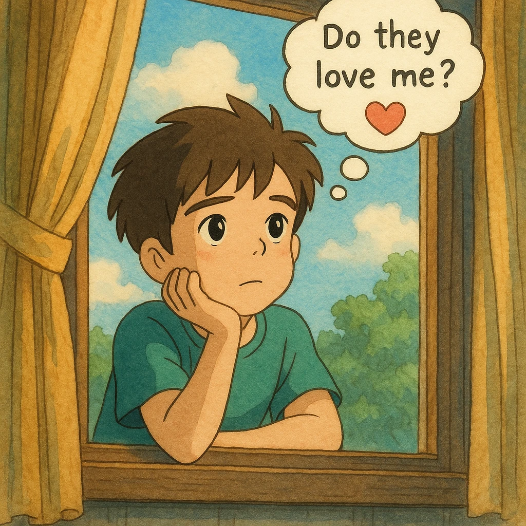 ghibli style illustration of a boy gazing out a window, dreamy expression, thought bubble with 'do they love me?' and a heart emoji