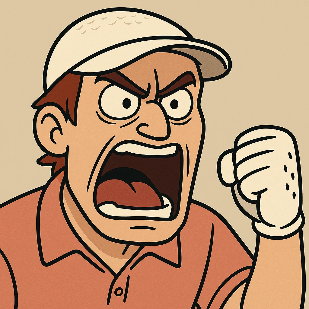 angry golfer's face, shouting, golf glove visible, comic style, bold lines emoji