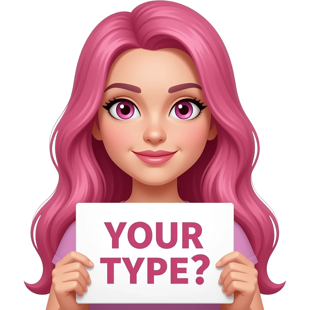 sexy girl with long pink hair and pink eyes wearing a holding a YOUR TYPE? sign emoji