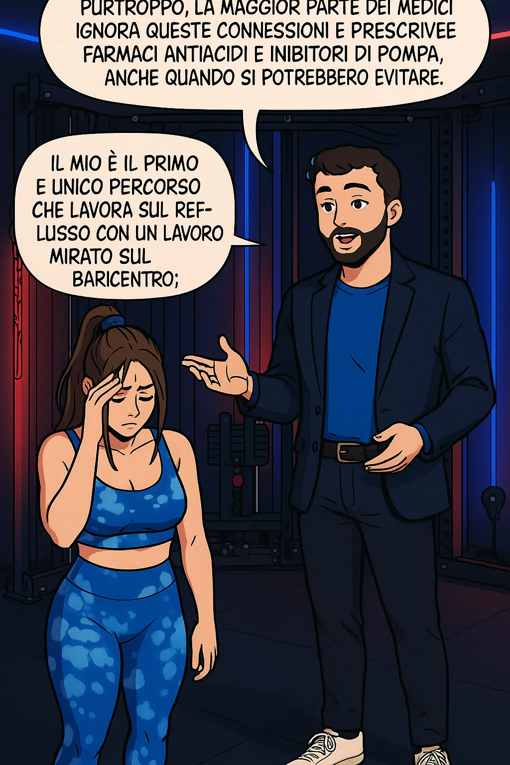 TRASFORMA QUESTO CAROSELLO IN UN FUMETTO STILE WEBTOON/MANGA A COLORI CON QUESTE DUE PERSONE IDENTICHE CHE INTERLOQUISCONO TRA LORO, L'uomo sta spiegando alla donna questo concetto MENTRE LA DONNA SI TIENE la mano sulla fronte sconcertata:

LUI (UOMO): Purtroppo, la maggior parte dei medici ignora queste connessioni e prescrive farmaci antiacidi e inibitori di pompa, anche quando si potrebbero evitare.
Il mio è il primo e unico percorso che lavora sul reflusso con un lavoro mirato sul baricentro; emoji