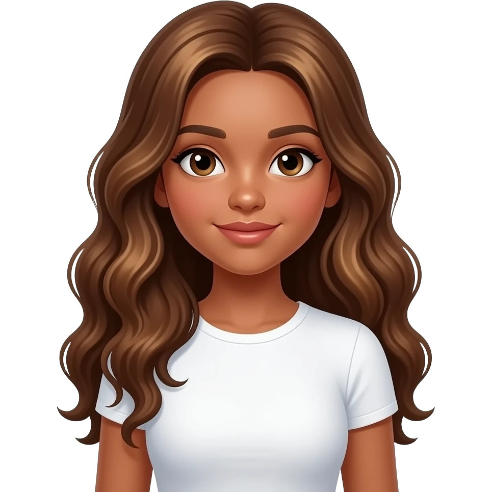 a 13 year old girl long pretty wavy brown hair light brown highlights dark skin white tight shirt emoji