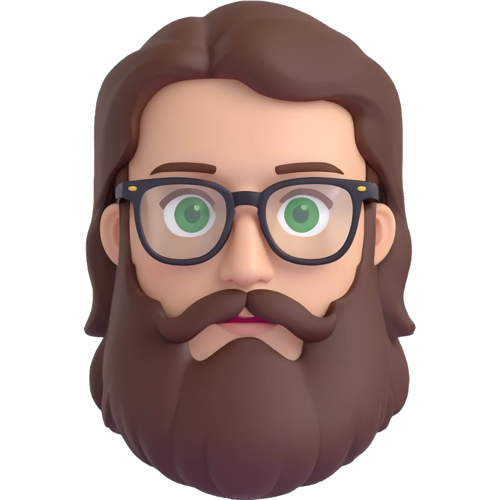 white male mid 30s green eyes black square glasses long brown beard with medium length brown hair emoji