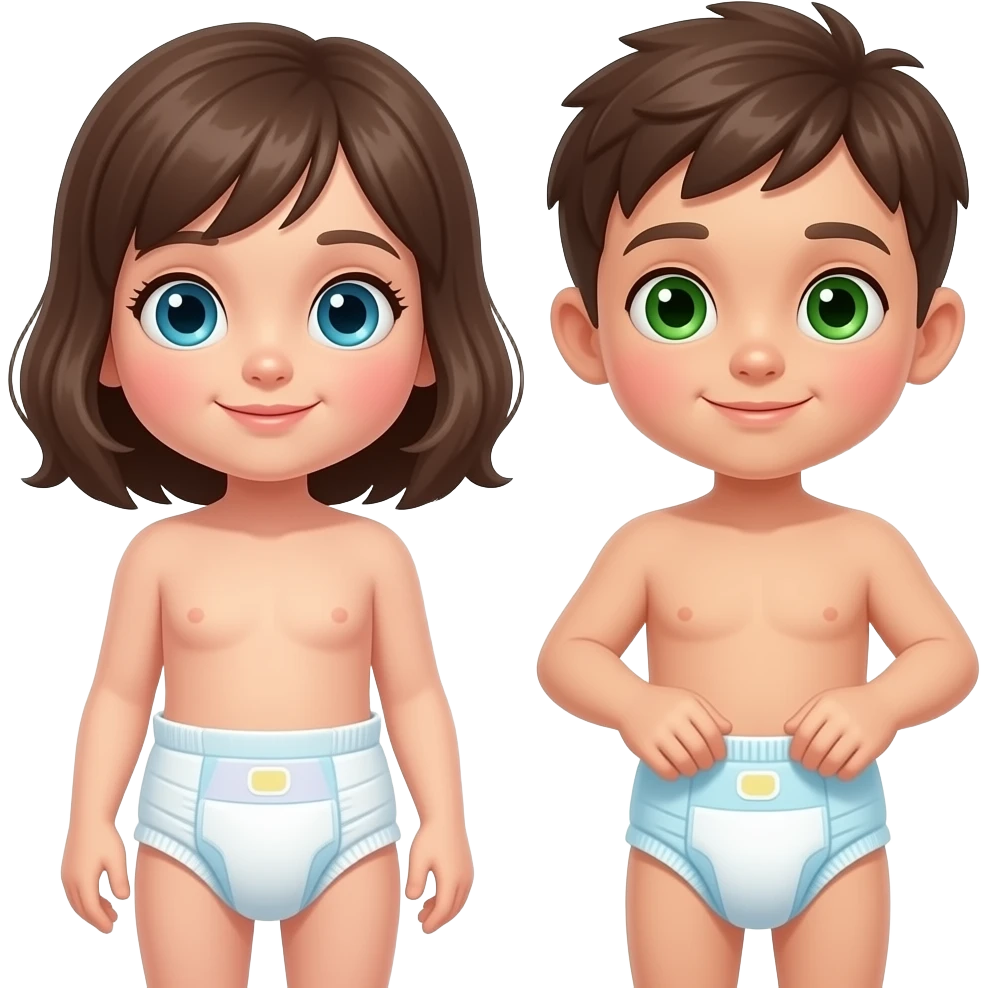 A blue-eyed girl wearing a diaper and green-eyed boy having a diaper changed emoji