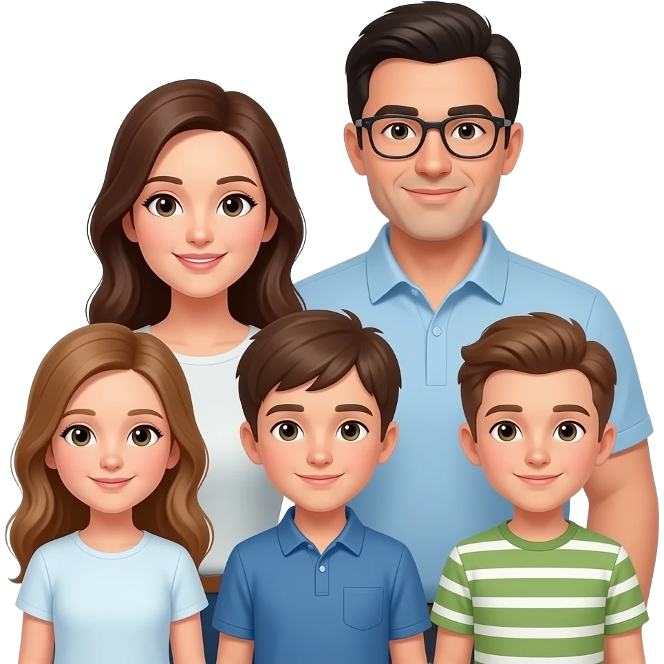 family of 6 white people with two parents (mother with brown hair dad with black hair), daughter with light brown hair next to mother, and 3 older boys with brown hair next to dad emoji