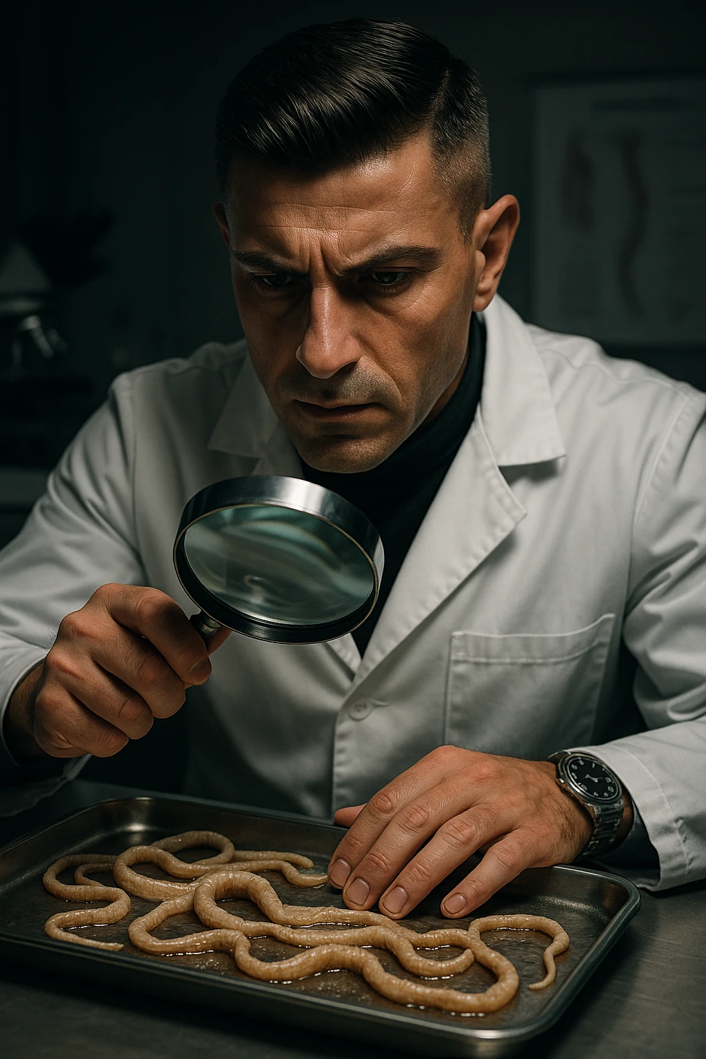 A middle-aged male kinesiologist wearing a pristine white lab coat, intensely analyzing long, beige tapeworms (like Taenia) under a magnifying glass. His expression is focused and slightly concerned, with dramatic studio lighting casting sharp shadows. The parasites are highly detailed, moist, and textured, stretched across a sterile metal tray. The background is blurred but suggests a clinical environment—hints of a microscope, medical charts, and clean lab equipment. The style is hyper-realistic, with a cinematic contrast between the bright white coat and the grotesque, organic forms of the parasites. No sci-fi elements, just raw medical realism with a disturbing edge emoji