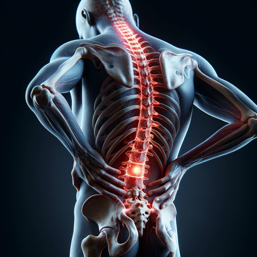 corpo umano anatomico di spalle e fisico storto, spina dorsale in evidenza, dolore alla schiena su un lato, iperrealistico 4k emoji