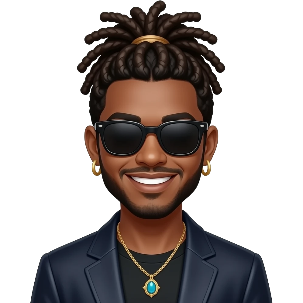 black artist with dreds but tied up at the top in a bun with sunglasses that block out the eyes smiling and in jewlery and cool clothing emoji