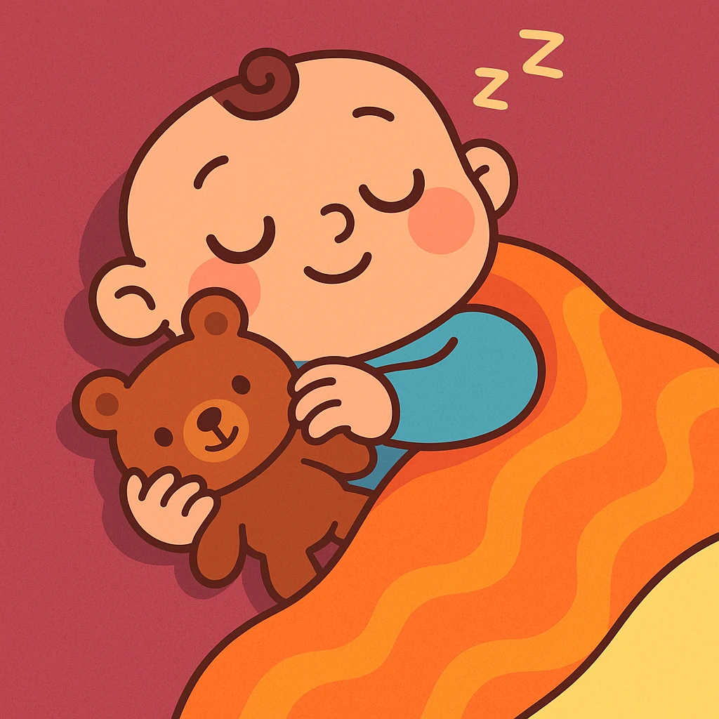 a baby sleeping with a teddy bear, cozy blanket, warm tones, adorable expression emoji