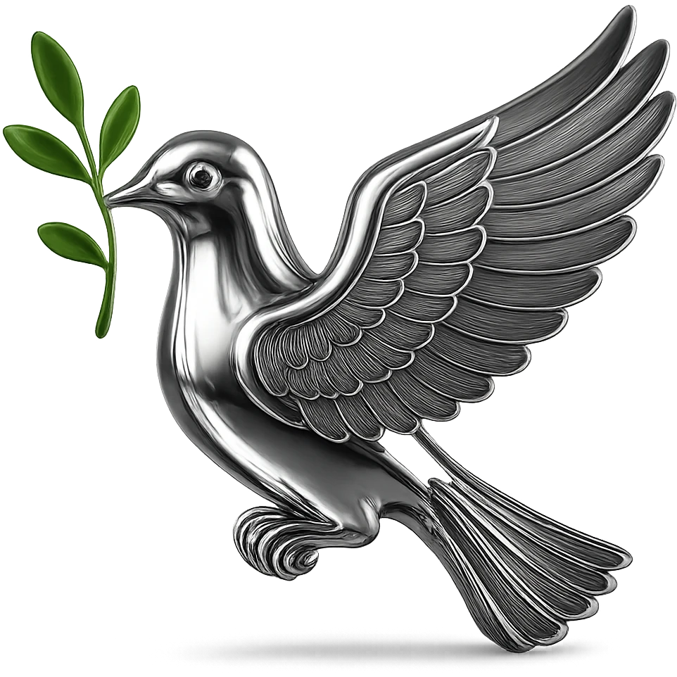 Make the branch in the pigeon's beak green while keeping the rest of the image in chrome style, no background. emoji