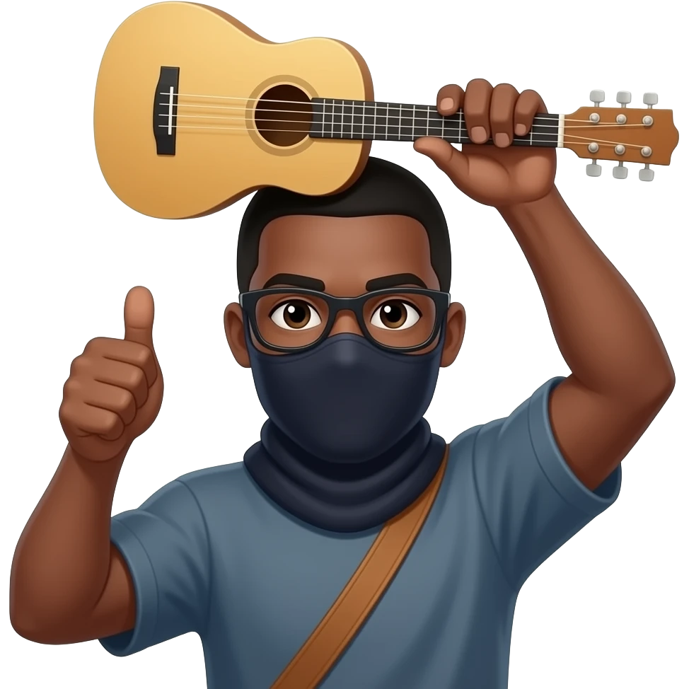 give me a black-skinned guy emoji who's showing with his thumb that everything fine, also on the other hand he holds a jumbo instrument on his head he should have the balaclava emoji