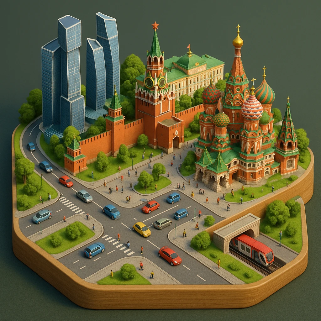 Изометричная миниатюрная 3D модель Москвы на подставке - фотореалистичный Кремль, собор Василия Блаженного, фотореалистичный Башни Москва-Сити, аккуратная детализация, яркие цвета, мультяшный реализм, гуляют люди и современный автотранспорт и метро, компактная композиция, вид сверху в изометрии emoji