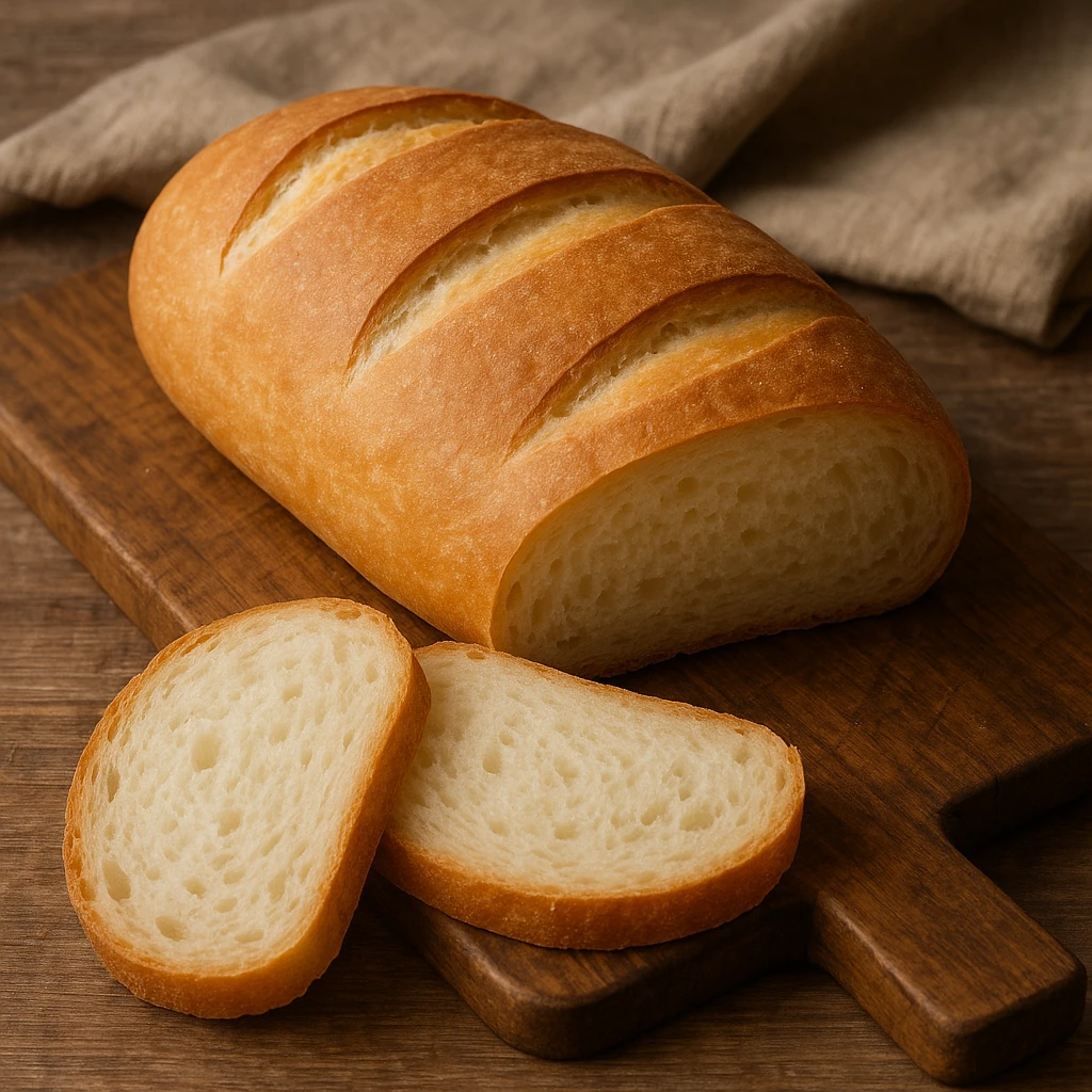 realistic Italian bakery style white bread, soft crust, fluffy interior, on a wooden board emoji
