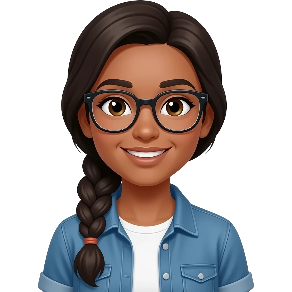 young woman, dark brown skin tone, long dark hair in a braided ponytail, glasses, casual clothes, smiling, confident emoji
