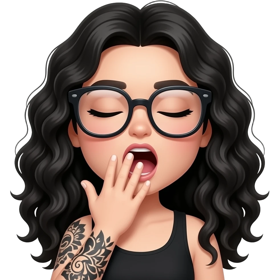 Kawaii style round fair skin glossy with eyes shut and oversized glasses and a full black tattooed arm and long curly black hair, yawning with hand in front of mouth emoji