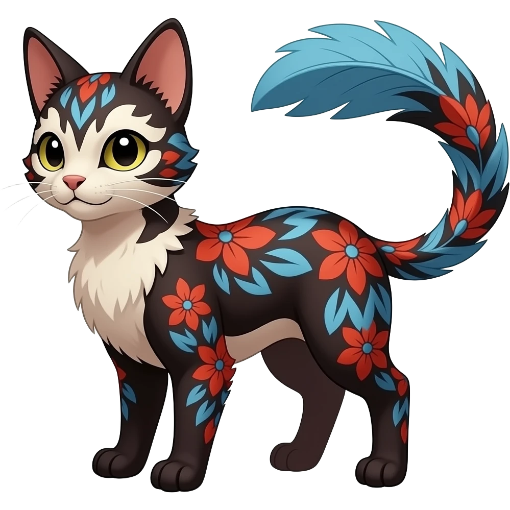 Floral-patterned majestic feathery elegant realistic stylish Furry, fluffy feathery tropical painted scaly, dark-brown, sanguine-red, blue, white, black, Minccino-Bambino-Lykoi-Linoone-Zangoose-fusion-hybrid-animal-Fakémon-creature, full body, thin long sleek scaly tail, intricate markings emoji