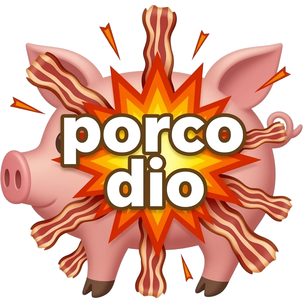 large font size text "porco dio" with a pig outline in the background, explosion centered, fire centered, bacon all over emoji