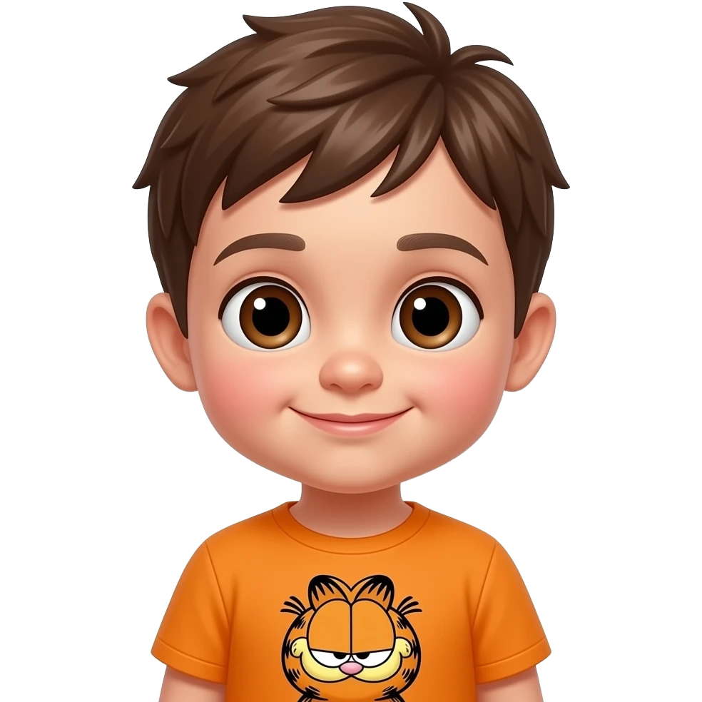Toddler with brown eyes and with brown hair and big eyes and a orange shirt that has Garfield on it emoji