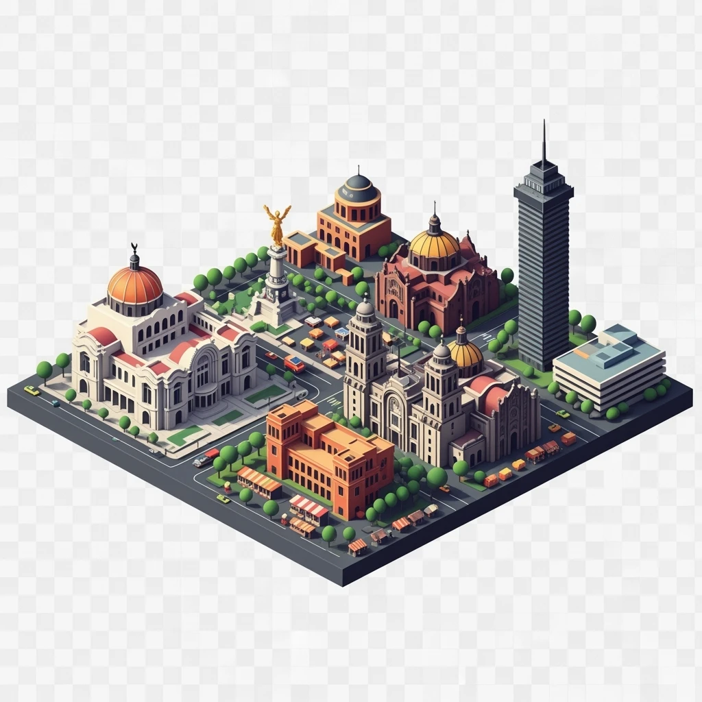 Isometric minimalistic illustration of Mexico-city subtle 3D miniature effect and Tilt Shift effect, no cartoonish look, transparent background. emoji
