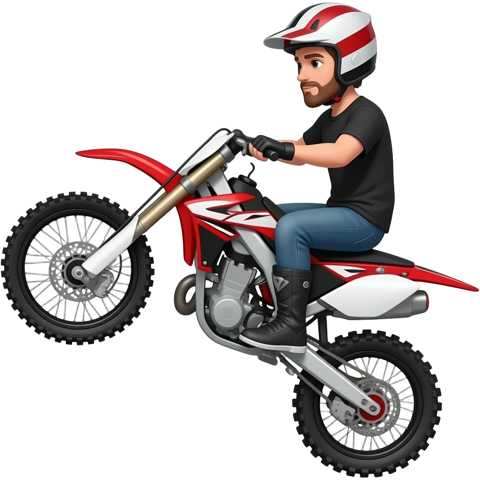 Teen doing wheelie on red black & white offroad motorcycle no centre stand and no beard with helmet on. No beard emoji