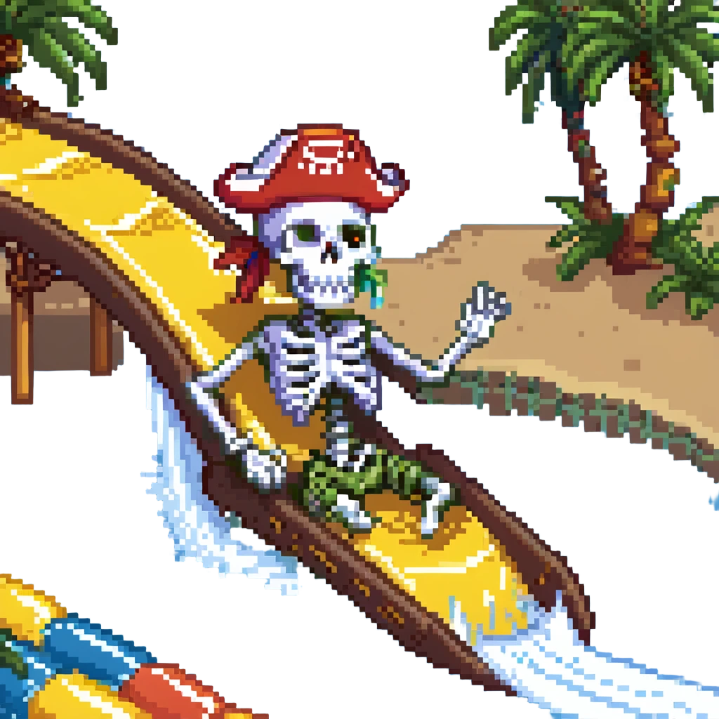 Make the pirate a skeleton pirate, keep the pixel art style, on a water slide, energetic and fun. emoji