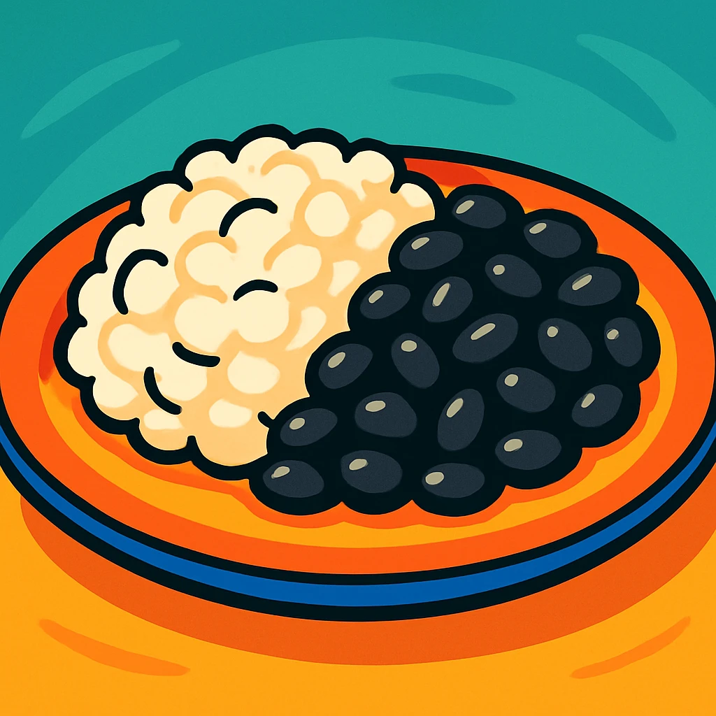 a plate of white rice and black beans, stylized, colorful, inviting emoji