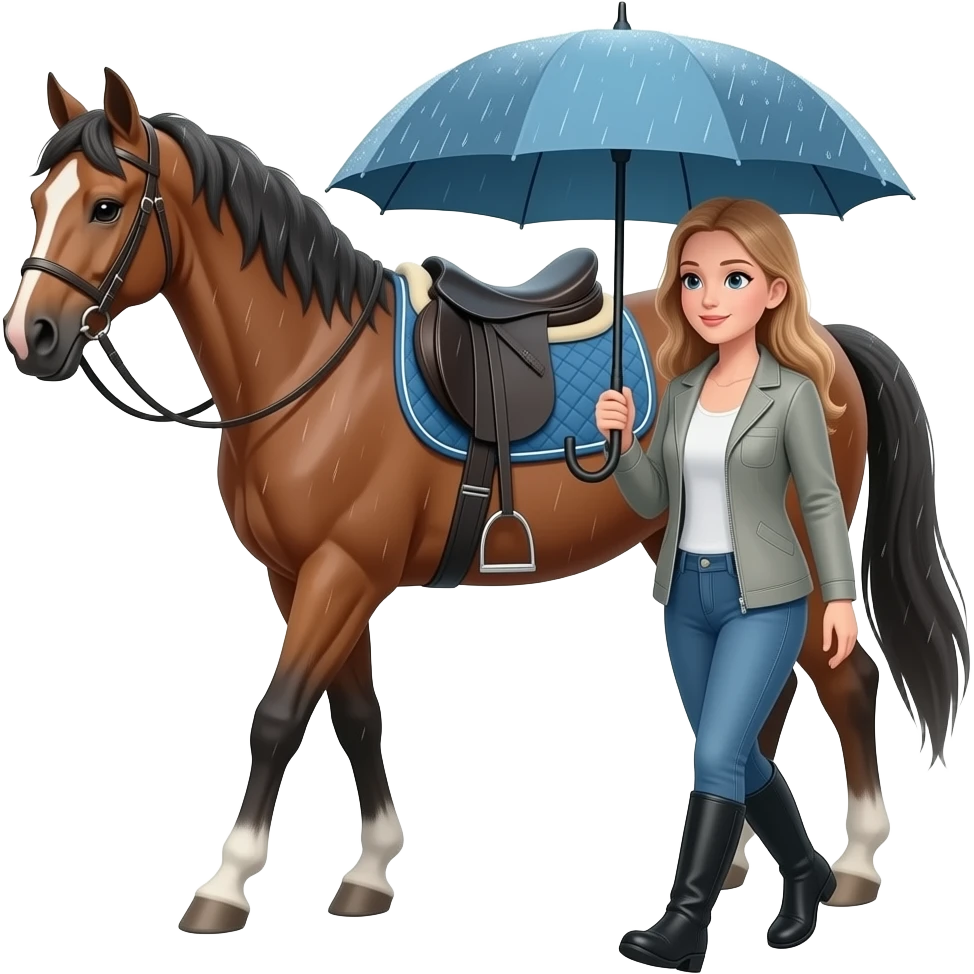 Lady walking horse in rain emoji