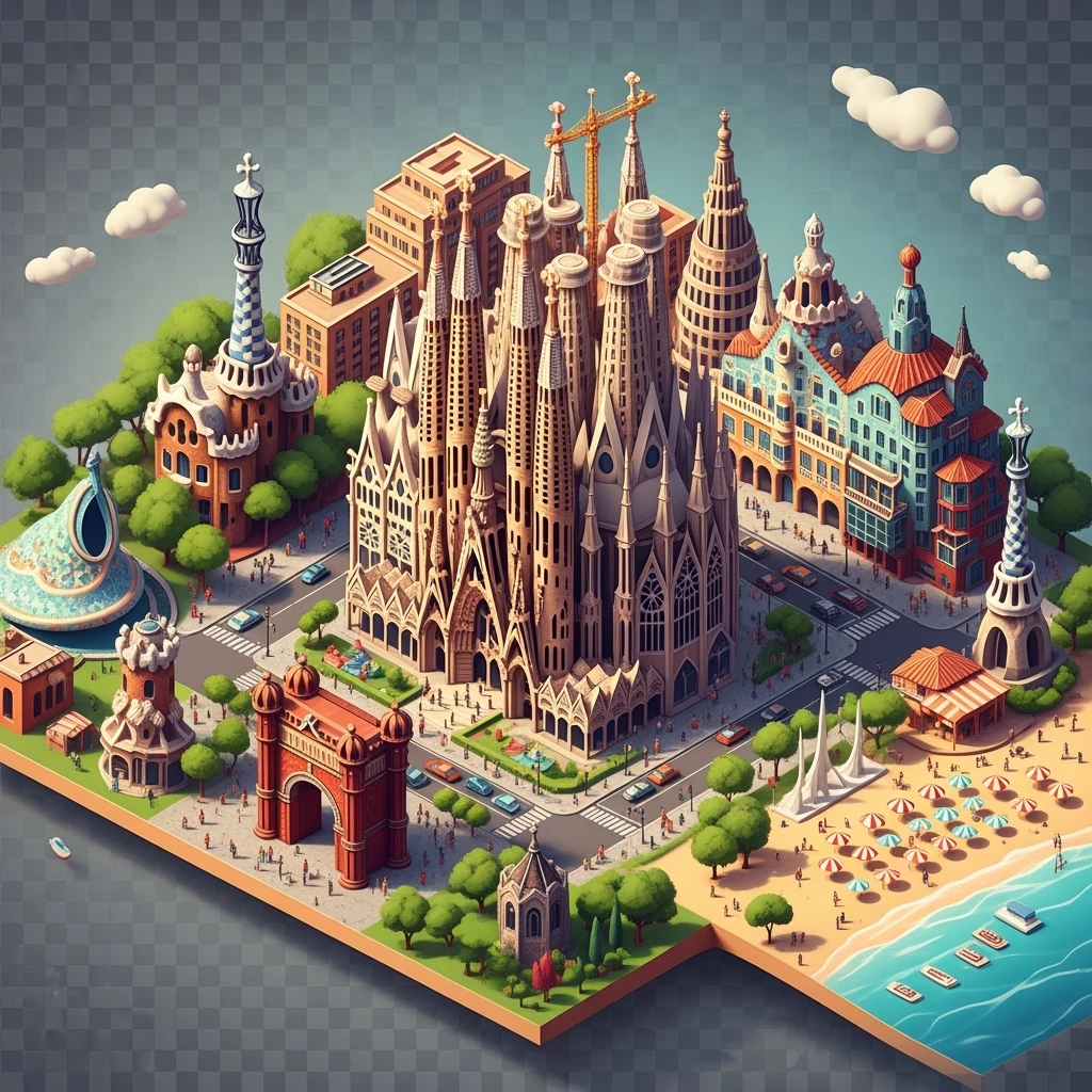 Isometric illustration of Barcelona, featuring Sagrada Familia with intricate spires, highly detailed in semi-realistic style, balanced between stylized and realistic, 3D miniature effect, transparent background. emoji