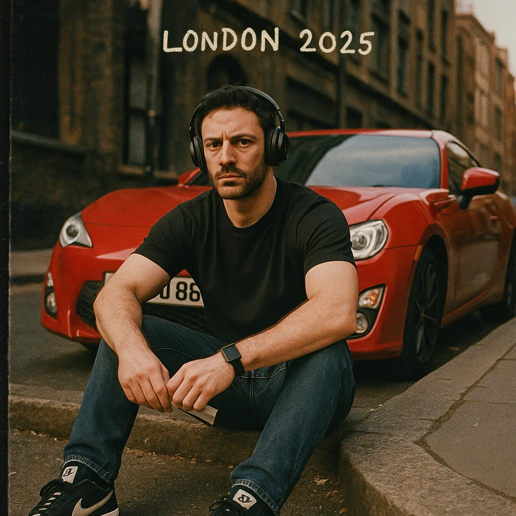 Grunge-style analog photo, London 2025, person inspired by the reference image sitting on the curb in front of a Nissan GT 86, model pose, black t-shirt, jeans, Nike Air Jordan low, using flash, city street, analog grain, 5/8. emoji