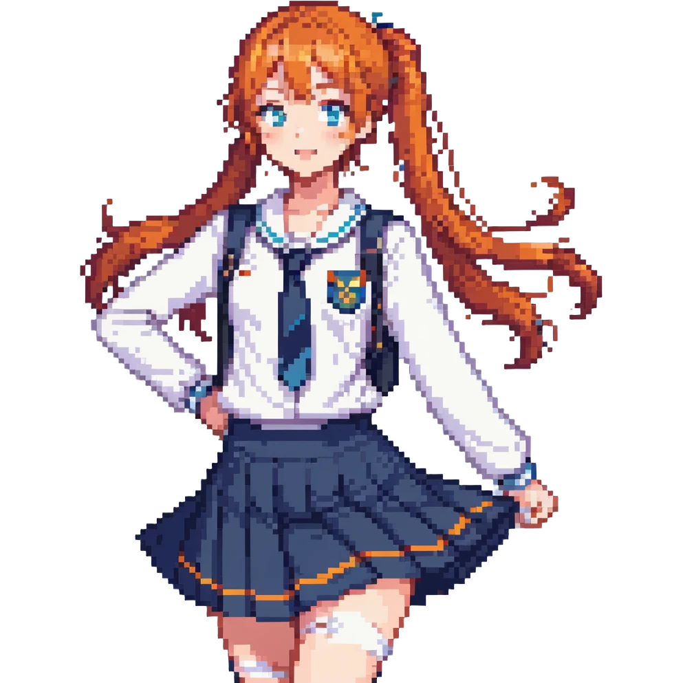 anime girl in school uniform, orange hair in side ponytail, blue eyes, standing in a courtyard with cherry blossom petals, skirt and hair fluttering in breeze, cheerful expression emoji