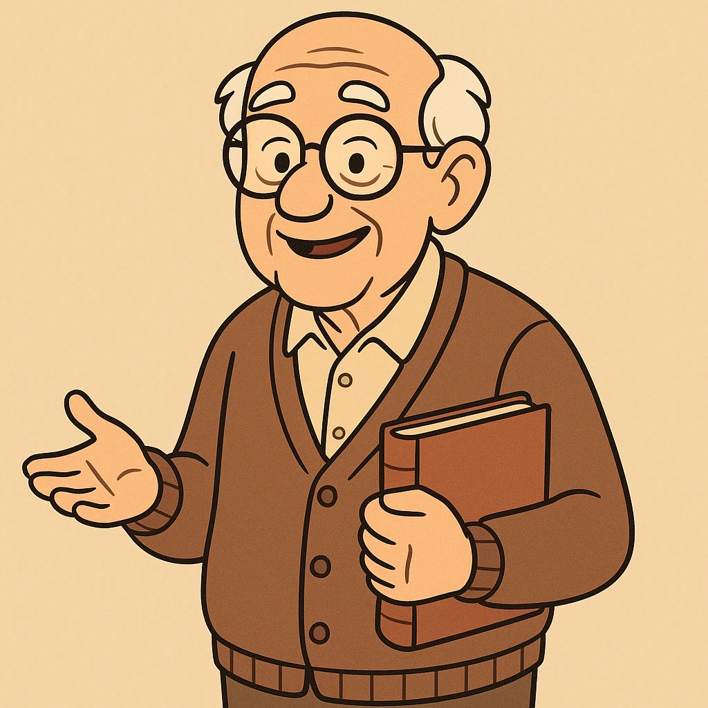 an elderly teacher, about 80 years old, smiling, holding a book, wearing a cardigan, cartoon style emoji