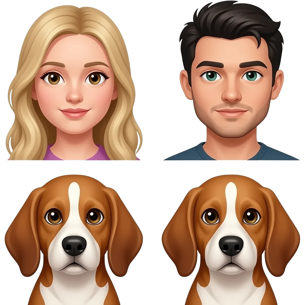 Pareja y perro estilo emoticono de WhatsApp, solo caras, muy juntos. Chica con pelo largo rubio, piel clara y ojos marrones. Chico con piel clara, pelo negro, barba fina visible y ojos verde oscuro. Perro estilo default, orejas caídas, marrón con blanco entre los ojos. emoji