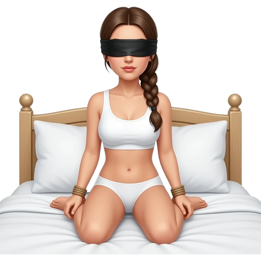 woman in blinfold, in white underwear, braided ponytail, arms and laegs tied on bed emoji