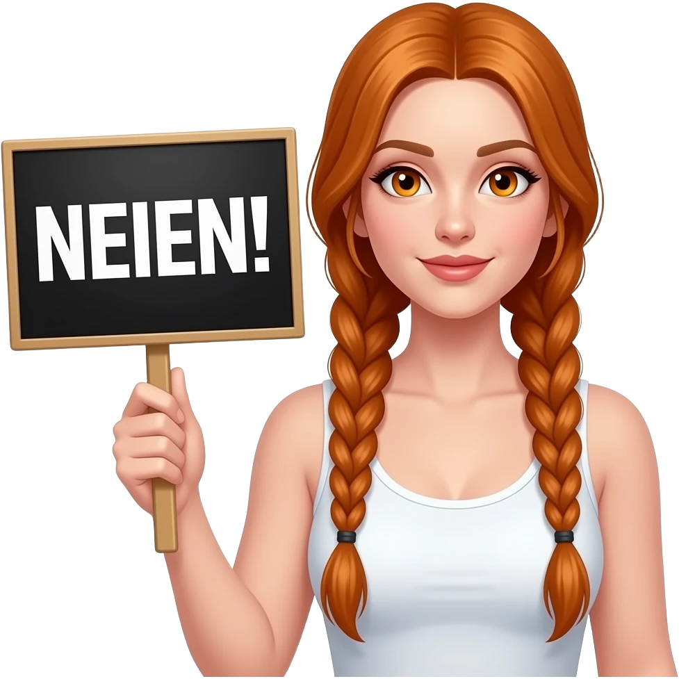 sexy girl with long ginger braids and ginger eyes wearing a white tanktop is holding a black sign with NEIEN! written on it emoji
