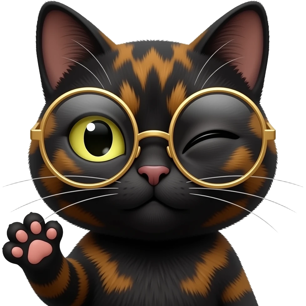 A mostly black Tortoiseshell cat face sneaky smirk-emoji with squint - with round gold glassed and on paw up, with balm up . Only face and cat paw. emoji