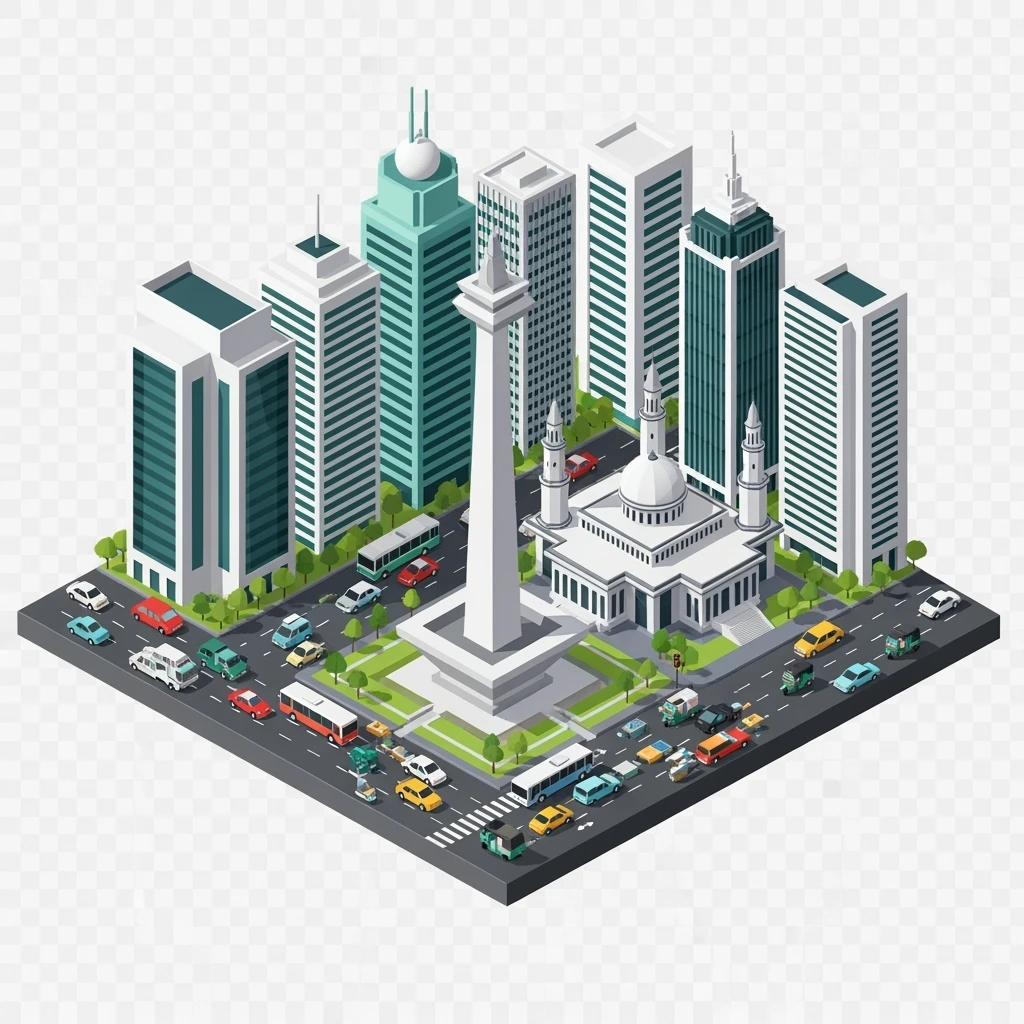 Isometric minimalistic illustration of Jakarta Monas (National Monument), Istiqlal Mosque, skyscrapers of Sudirman CBD, bustling streets with traffic and tuk-tuks, subtle 3D miniature effect and Tilt Shift effect, no cartoonish look, transparent background. emoji