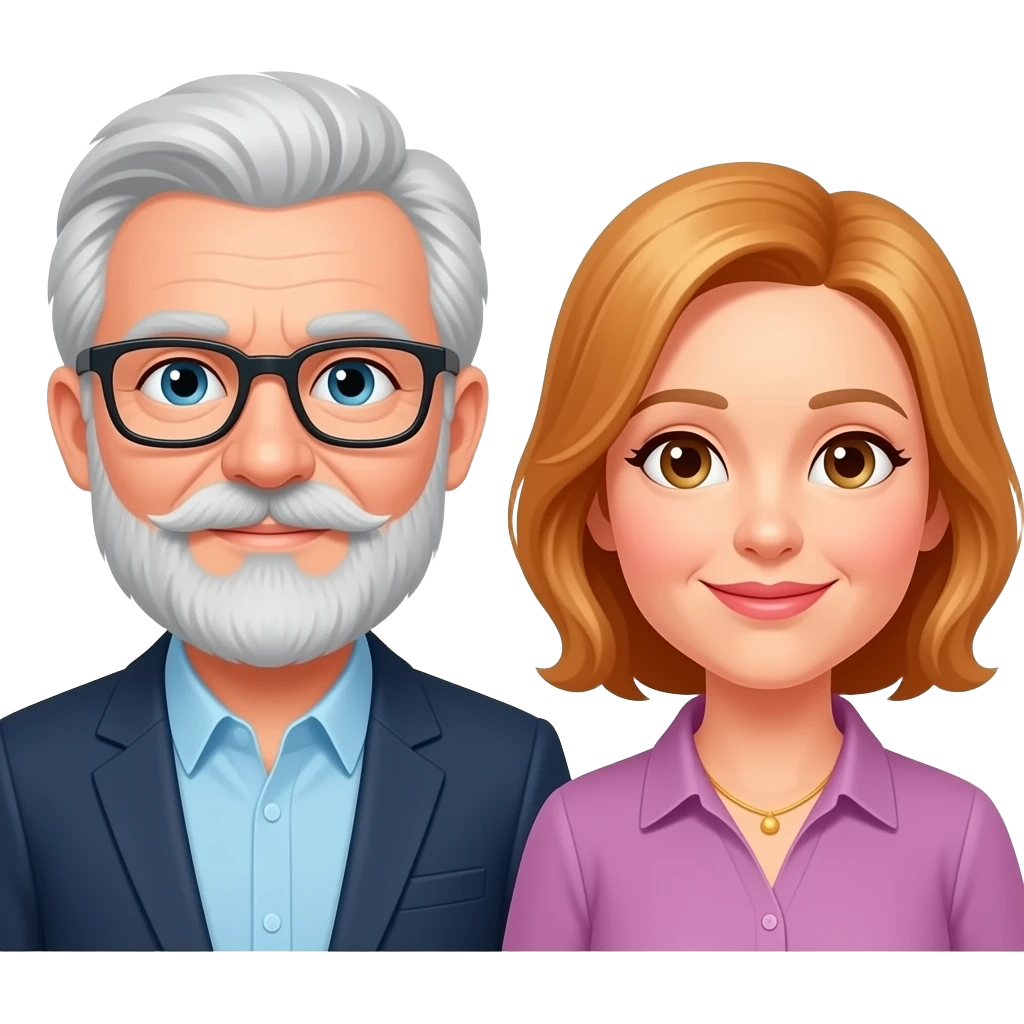 Emoji of a senior man  with a beard mustash  wearing glasses with a mature lady  with reddish blonde hair emoji