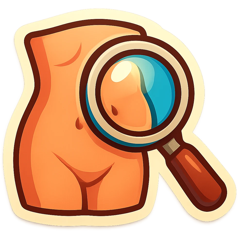 cartoon-style sticker of a magnifying glass highlighting the abdomen, with a fun and friendly look emoji