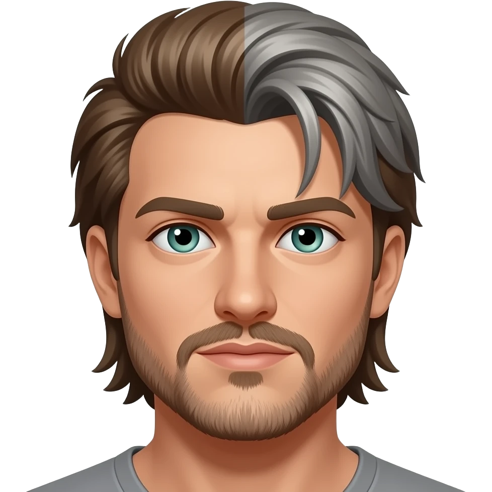 Mullet with side flares, hazel blue green eyes, some grays with mostly hazel hair, 5 o’clock shade beard emoji