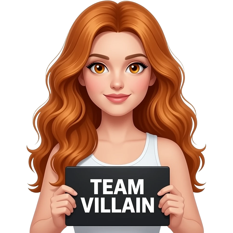 sexy girl with long wavy ginger hair and ginger eyes wearing a white tanktop is holding a black colored sign with TEAM VILLAIN written on it emoji