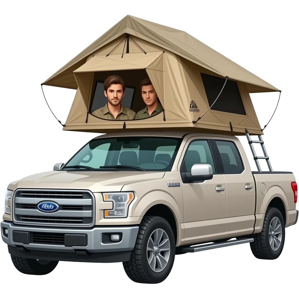 Roof top tent on a F150  with 2 gay guys in hunting shirts emoji