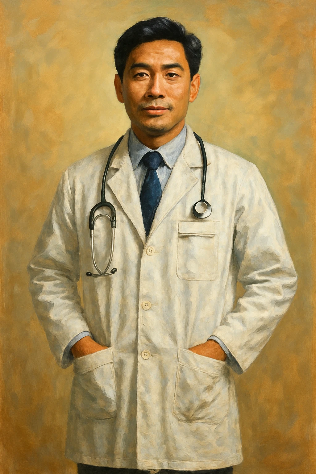 Сгенерируй мне в стиле реалистичной, яркой живописи врача внешности индонезиата, азиата. На однородном фоне. В полный рост emoji